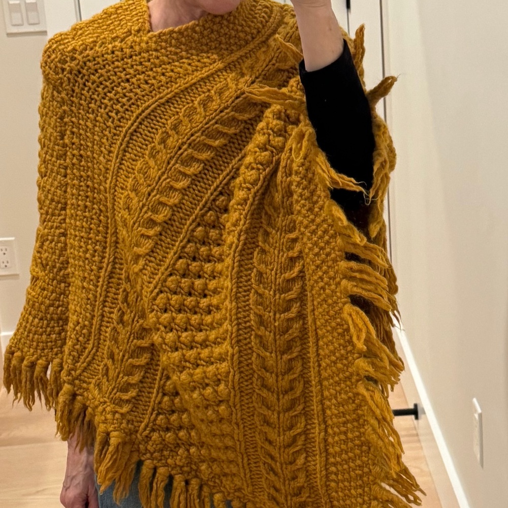 Vintage Portolano Mustard Yellow Chunky Cable Knit Fringe Poncho Sweater